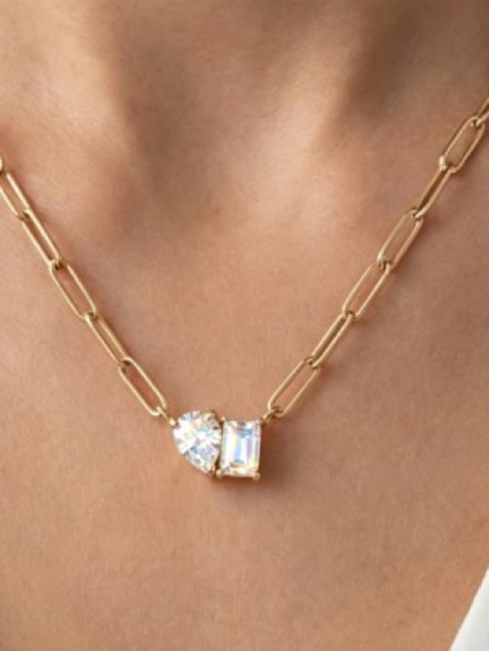 18K Gold Paperclip CZ Necklace (7320)